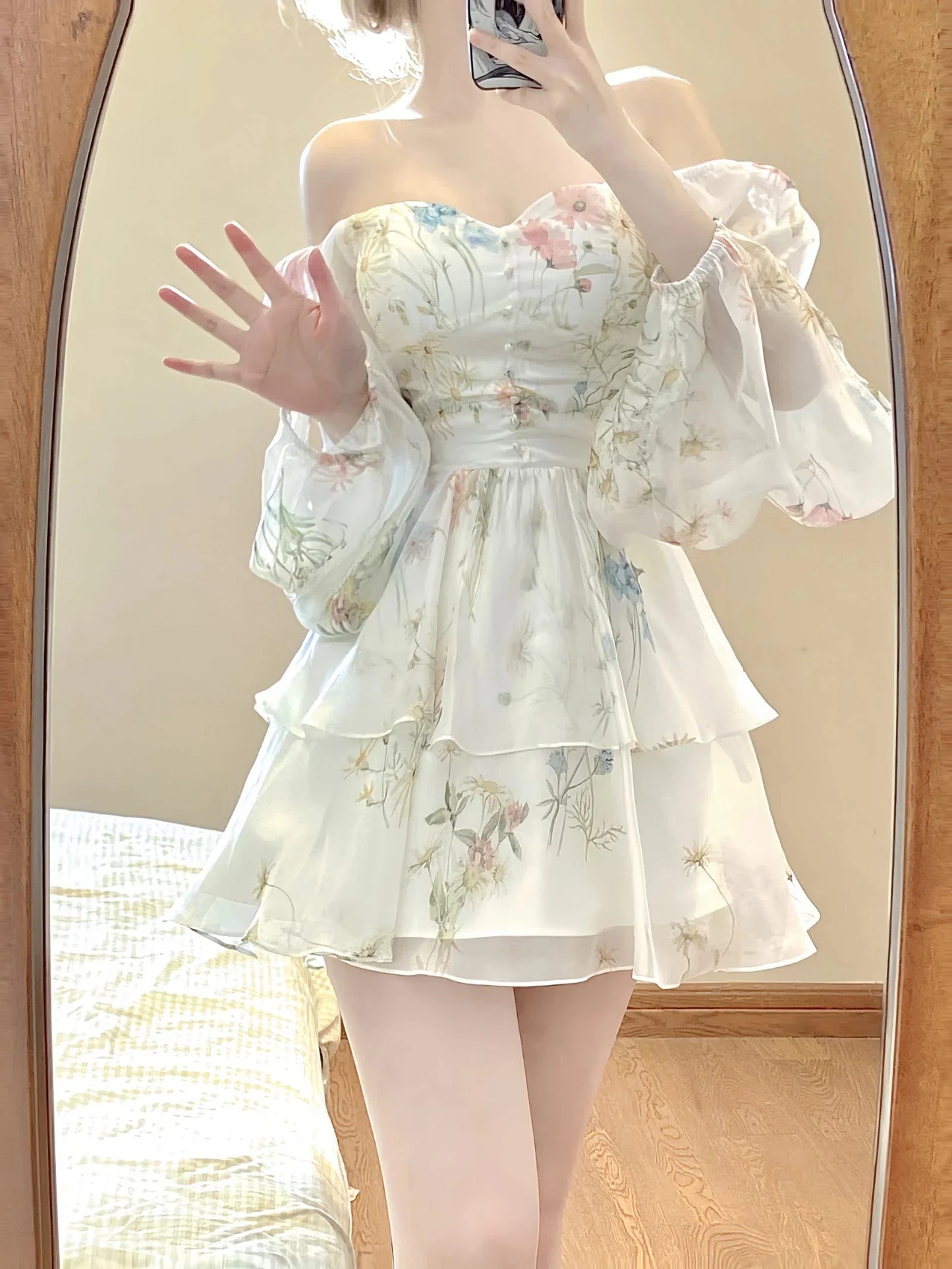 French Elegant Floral Mini Dress Chiffon Long Sleeve Evening GlowCart