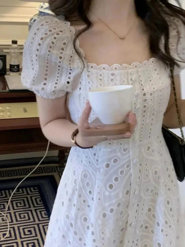 Korean Chic White Midi Dress Women French Hollow Out Sexy GlowCart