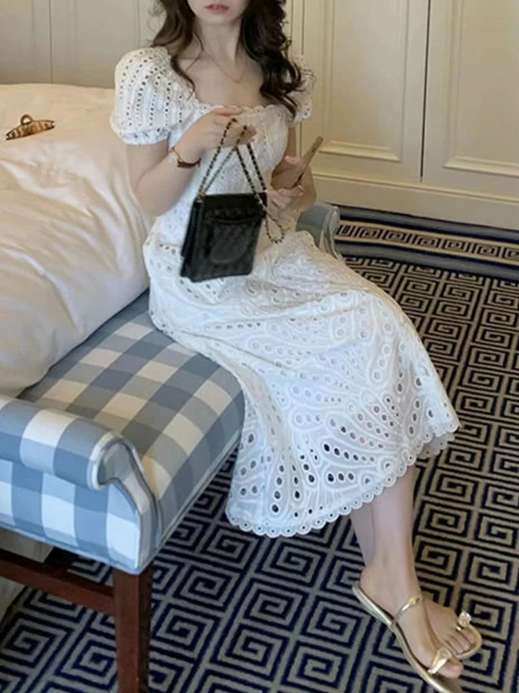 Korean Chic White Midi Dress Women French Hollow Out Sexy GlowCart