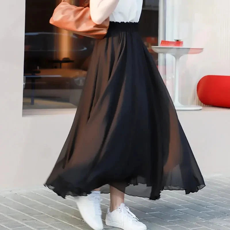 New Summer Chiffon Skirts Plus Size Full-Length Skirt High Waist Elegant Dance Skirt Pink Black Red Royal Blue White Long Skirts GlowCart
