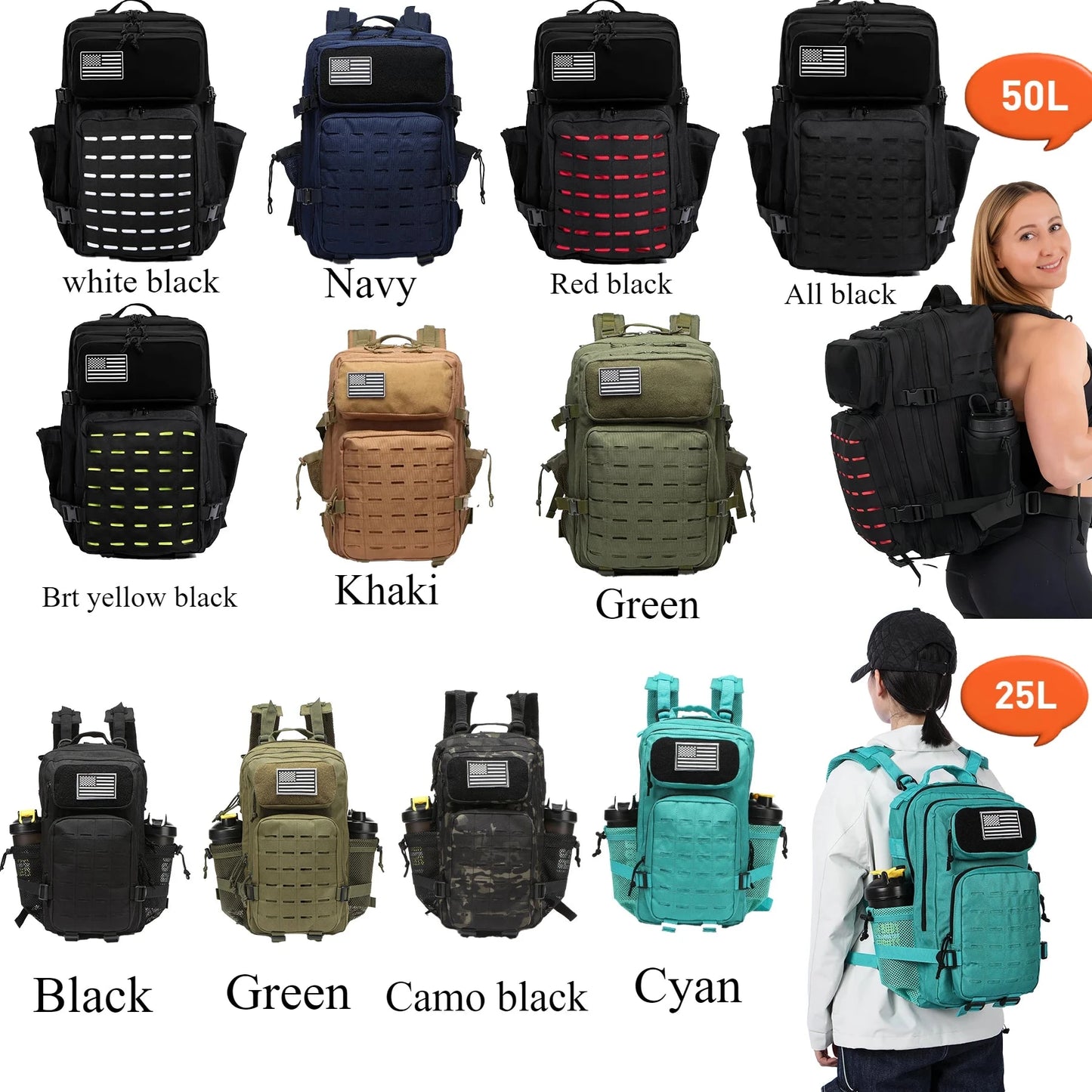 25L/50L Tactical Backpack Bag Hunting MOLLE Backpack GYM For GlowCart