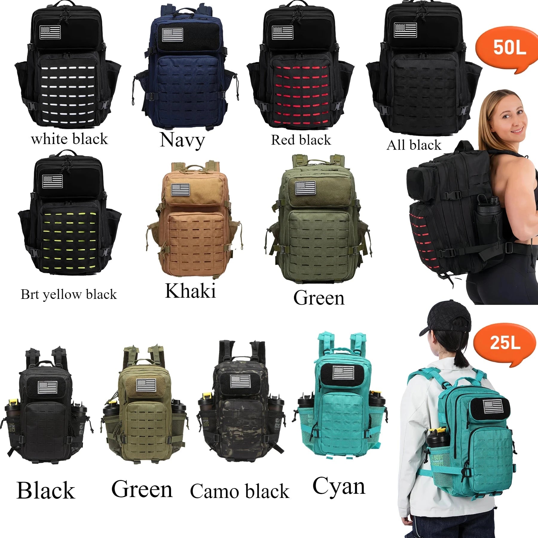 25L/50L Tactical Backpack Bag Hunting MOLLE Backpack GYM For GlowCart