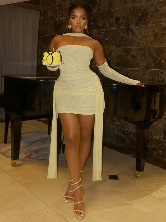 Sisterlinda Mesh Simple Mini Dress Fashion Solid Strapless GlowCart