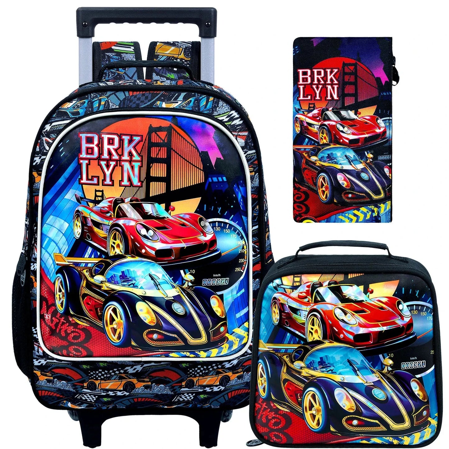3PCS Rolling Backpack for Girls and Boys， Kids Race Wheeled Bookbag GlowCart