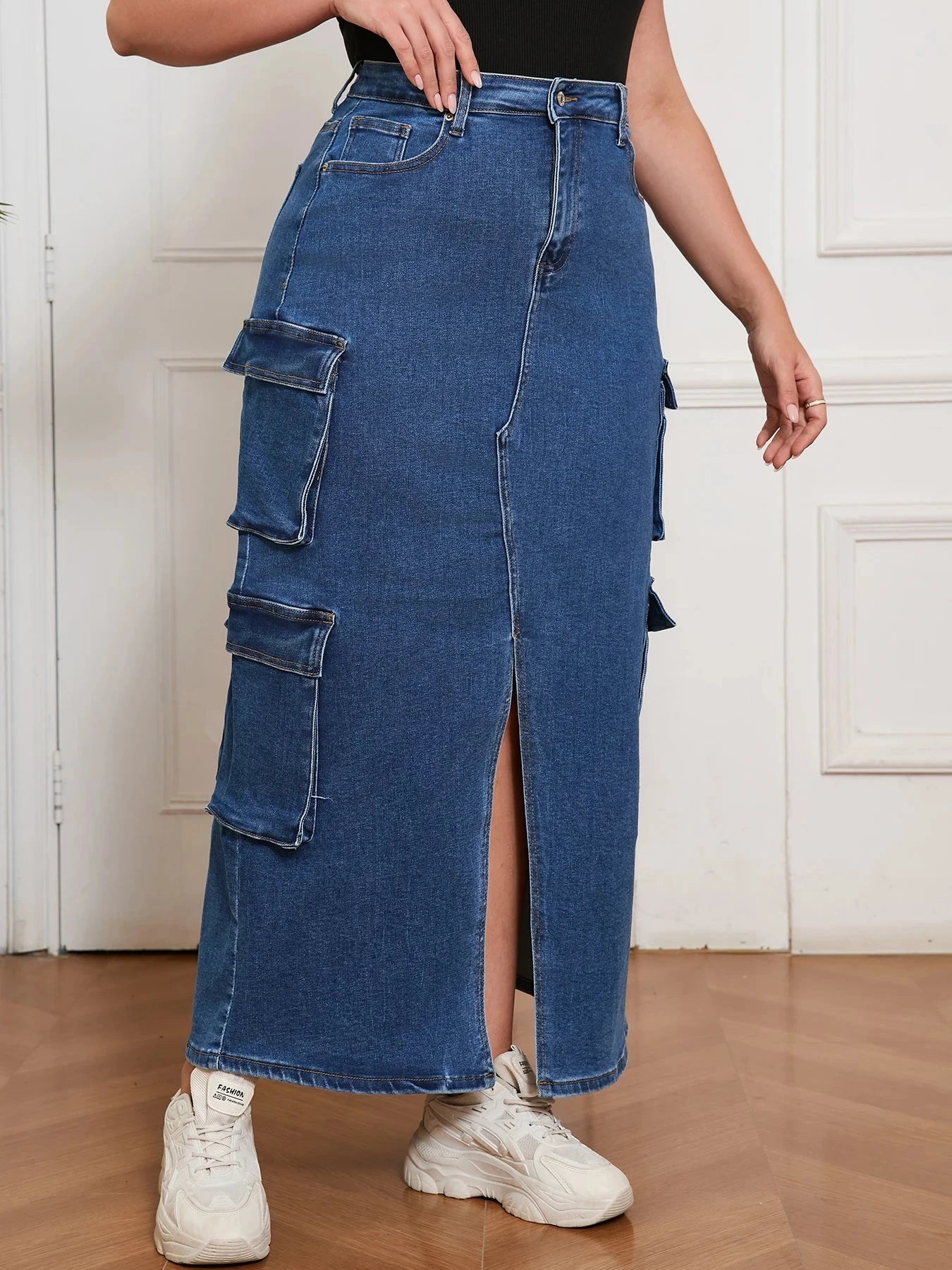 Denim Long Skirt for Women Street Style Cargo Design Split Hem Chic Outfit Casual Fashion Clothing Pants GlowCart
