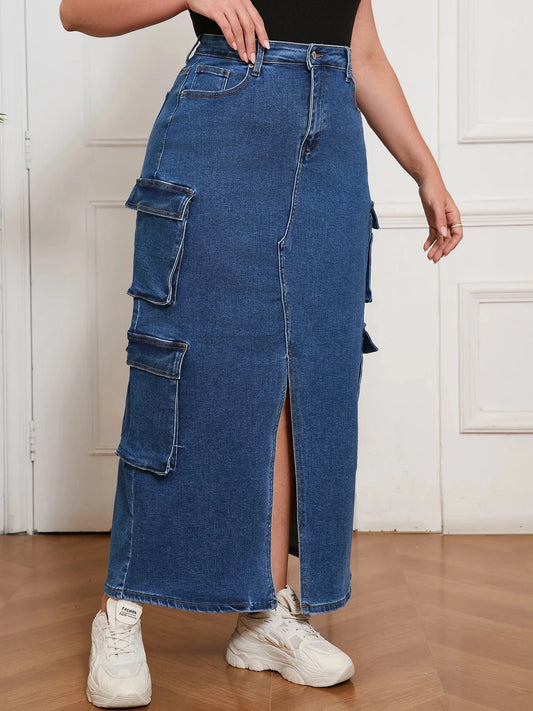 Denim Long Skirt for Women Street Style Cargo Design Split Hem Chic Outfit Casual Fashion Clothing Pants GlowCart