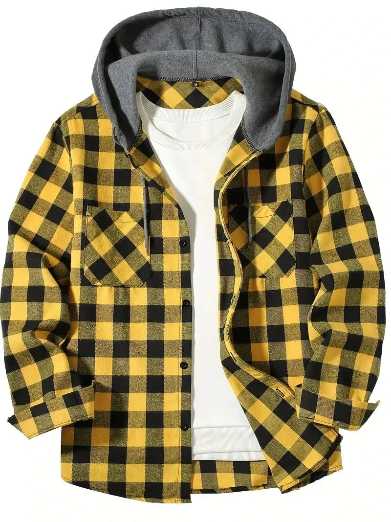 Youth Fashion Street Hooded Plaid Shirt Men's Slim Fit Long GlowCart