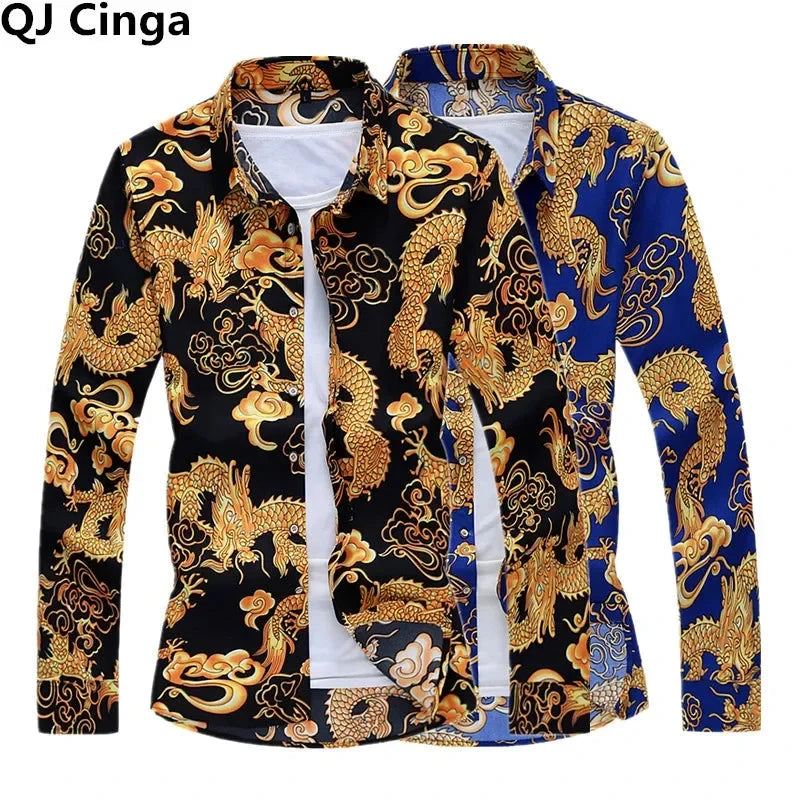 Thin Black Men's Long-sleeved Printed Shirt, Chinese Dragon GlowCart