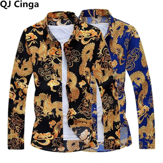 Thin Black Men's Long-sleeved Printed Shirt, Chinese Dragon GlowCart