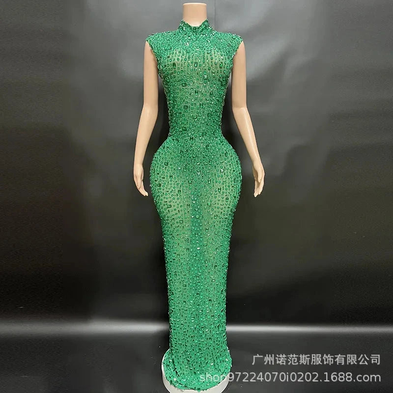 Sexy Full Drill Elastic Slim Fit Sleeveless Long Dress - Hip GlowCart