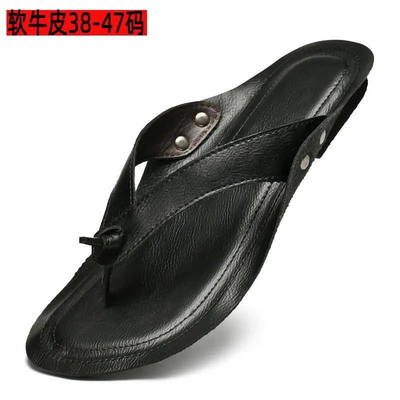 2025 new high-end leather flip-flops for men, ultra-soft genuine cowhide sandals for outdoor wear slippers . GlowCart