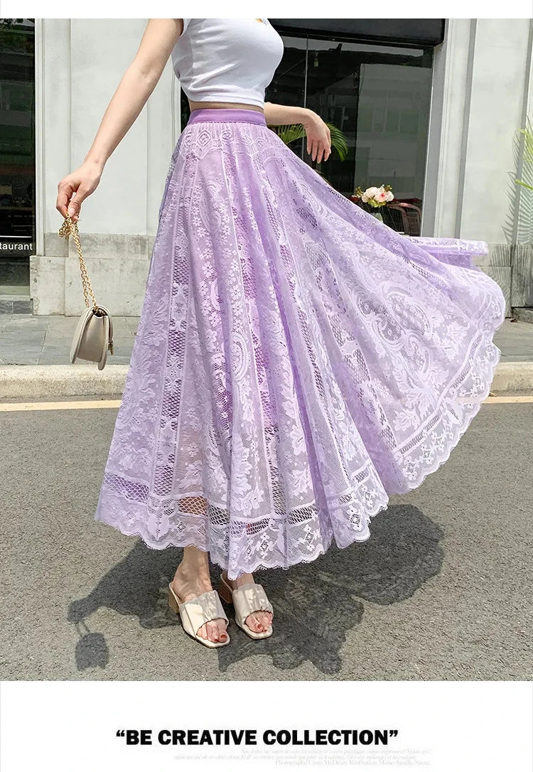 Spring Summer Women Lace Skirts Solid High Waist Elastic Vintage Elegant Office Ladies White Black Chic Long Skirts Jupe Longue GlowCart