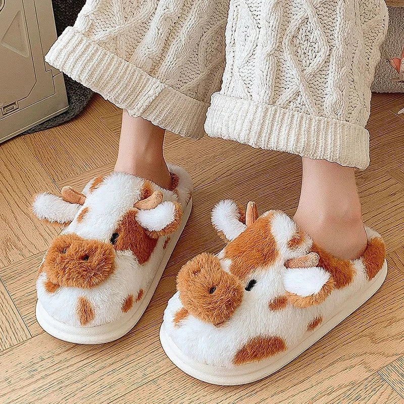 Women's Winter Warm Cartoon Cow Slippers Closed Toe Non Slip GlowCart