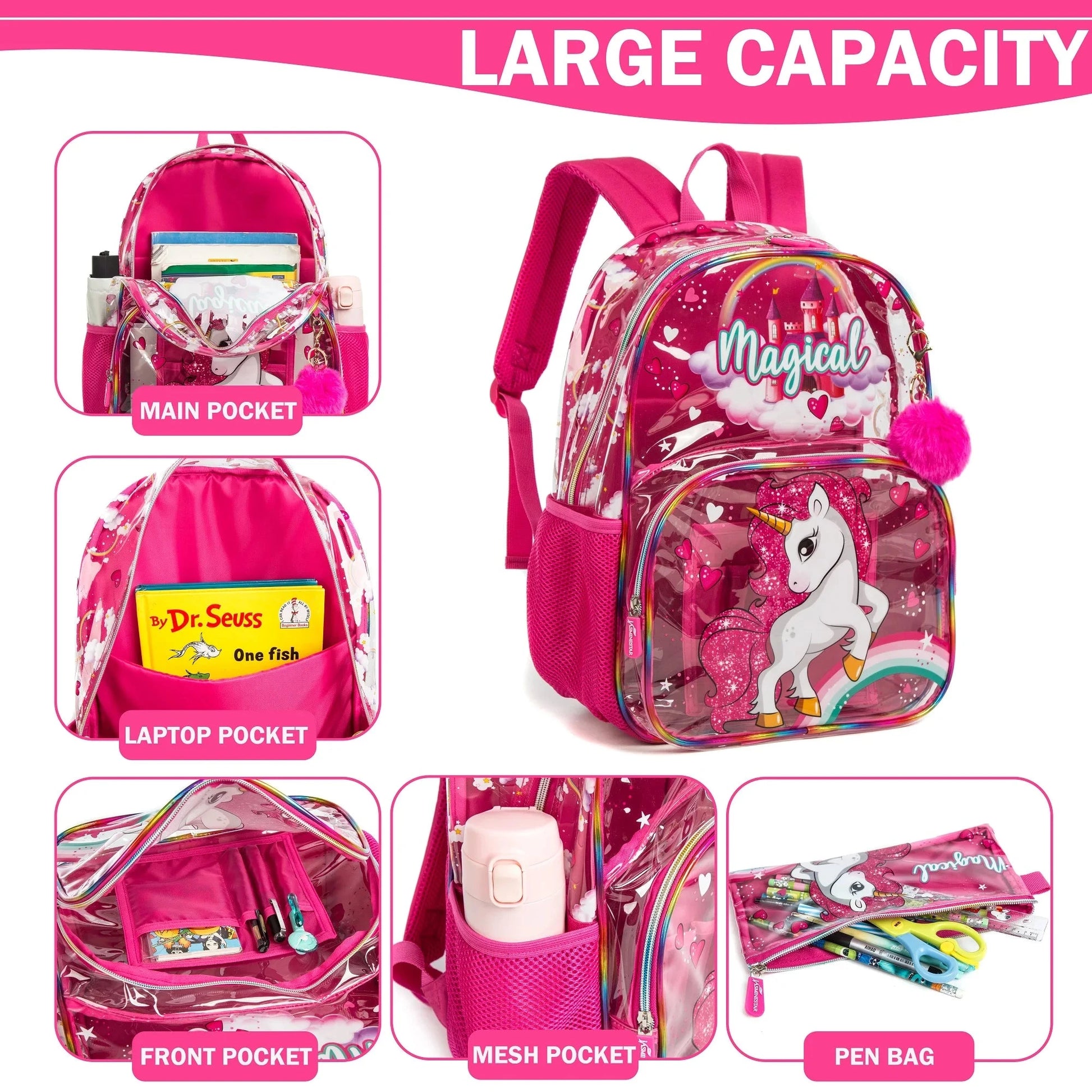 Clear Backpack for Girls Heavy Duty PVC Transparent Backpacks,See Through 16" School Bag with Crossbody Bag for Teens Elementary GlowCart
