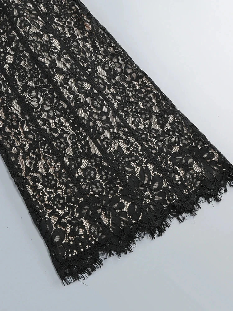 Sexy Spaghetti Strap V Neck Lace Long Dress Women Black GlowCart