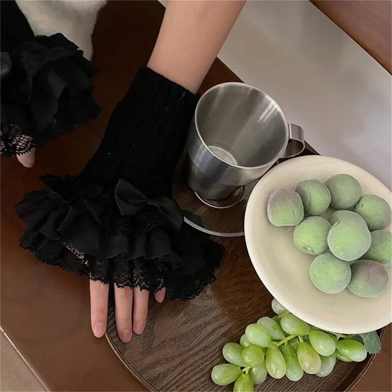Women s Winter Warm Knit Arm Sleeves with Delicate Lace Trim GlowCart