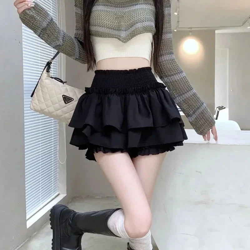 White Preppy Style Skirt Elastic High Waist Folds Design GlowCart