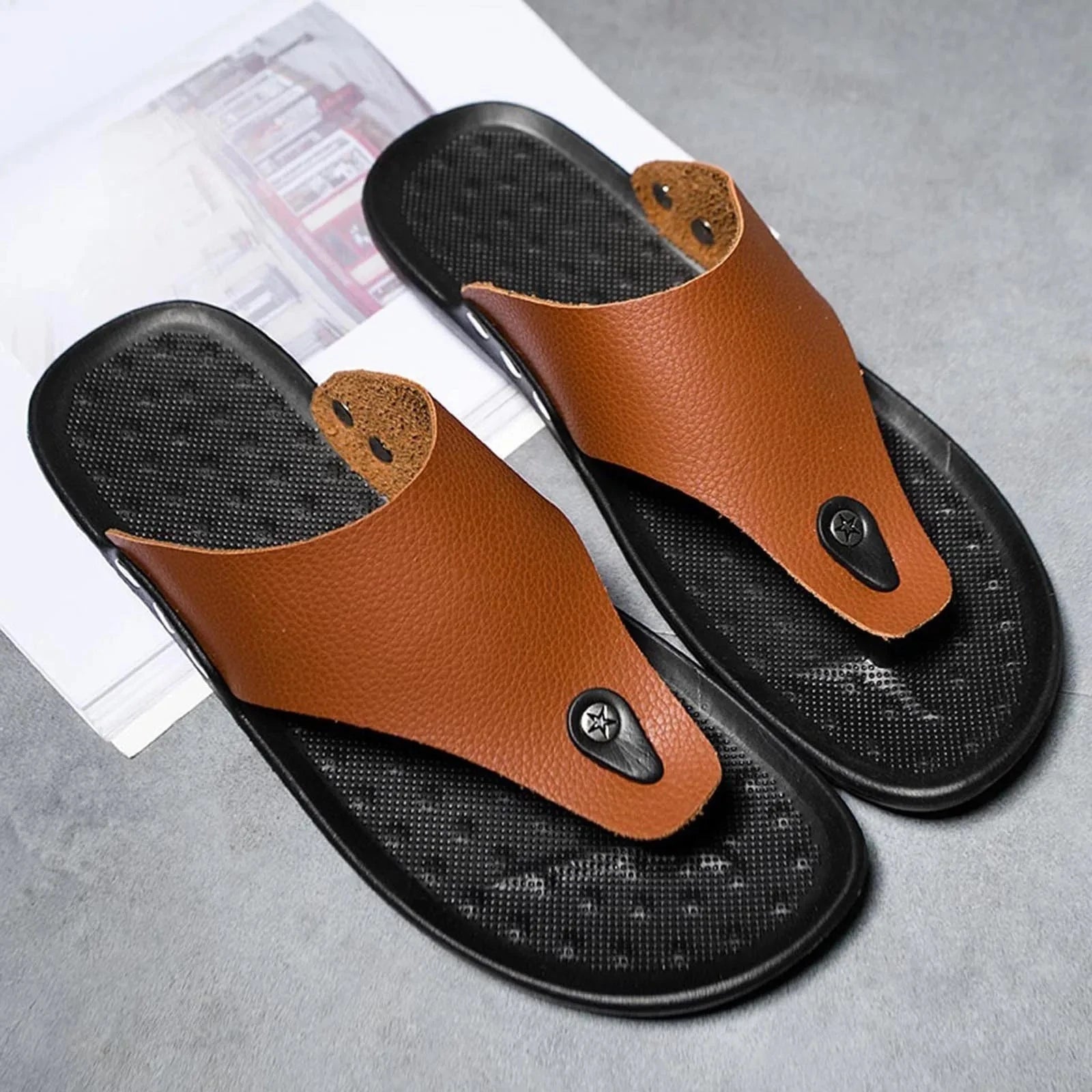 Men'S Summer Beach Sandals Slippers Fashion Non-Slip Flip Flops Travel Breathable Flat Shoes Pu Outdoor Flip Flops GlowCart