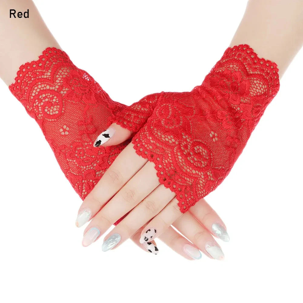 Women Short Lace Hollow-Out Fingerless Gloves Sun Protection GlowCart