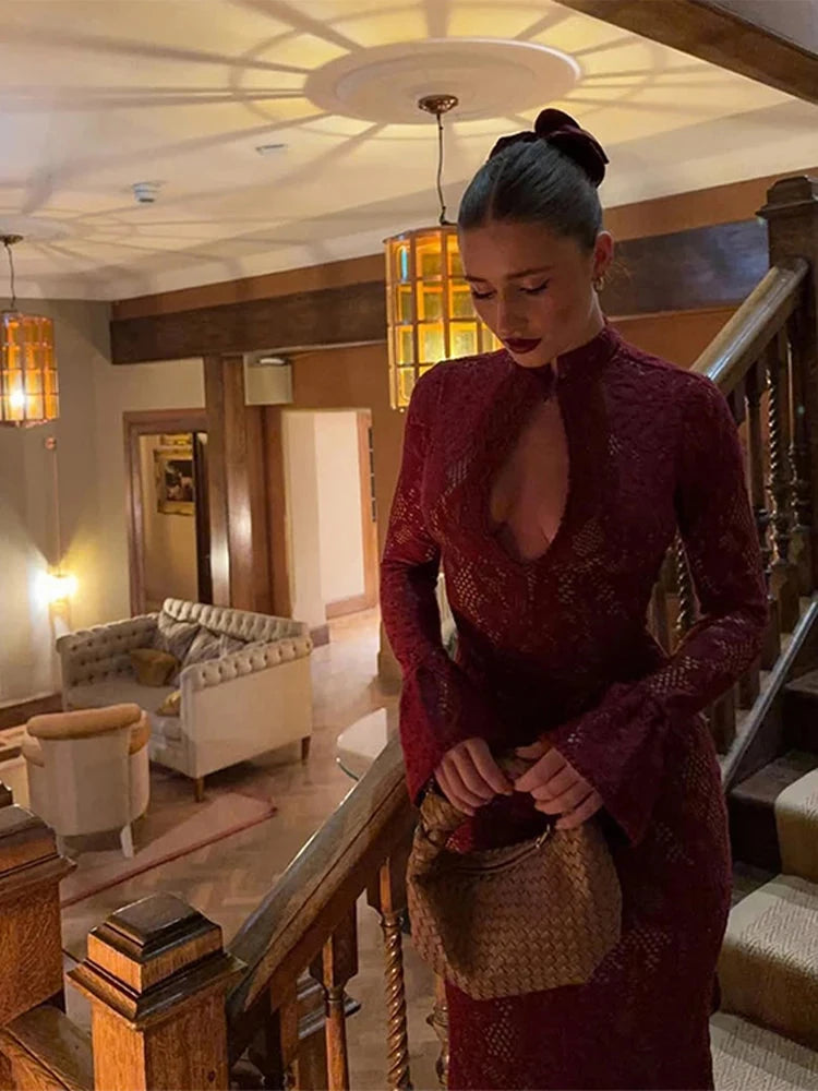 Fashion Lace Floral Midi Dress For Women Sexy Hollow Out GlowCart