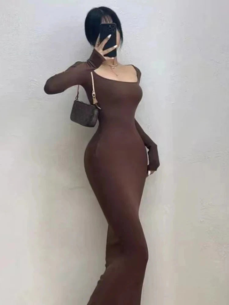 Ribbed Solid Long Sleeve Square Neck Skinny Bodycon Dress GlowCart