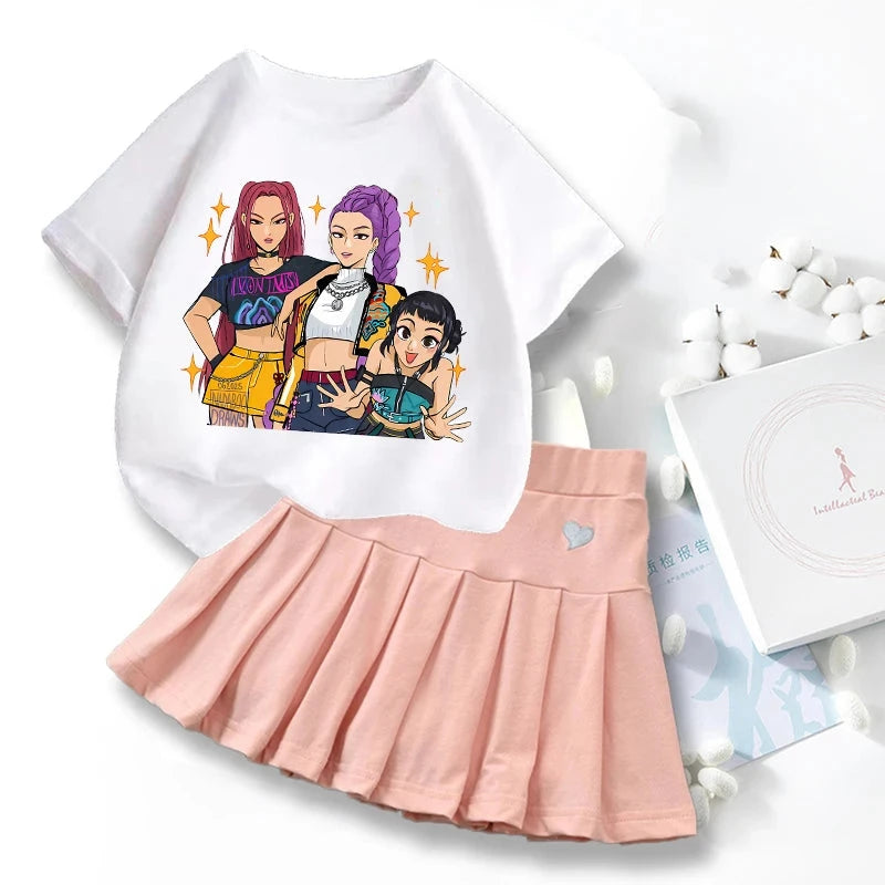 New K Pop Demon Hunters T-shirts Skirt Set Kawaii Cartoon Graphic T-shirt Kids Casual Short Sleeves Tops Summer Girl Clothes GlowCart
