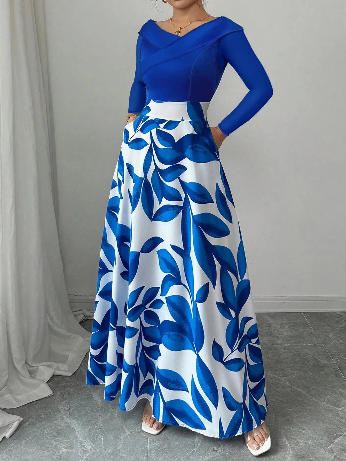 Women's Blue White Floral Maxi Dress Asymmetric Neckline GlowCart