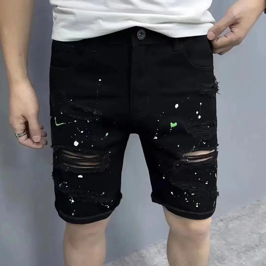 Summer Casual Men's Denim Shorts Korean Straight Washed Jeans Short Ins Ripped Cat Whisker Ink Splash Plaid Black Five-Pants GlowCart