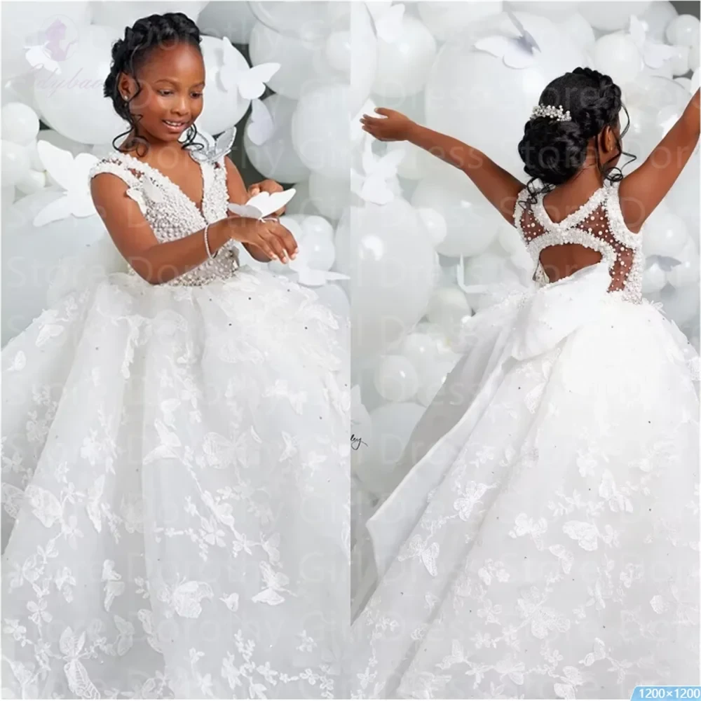 White V-neck Luxury Flower Girl Dresses For Wedding GlowCart