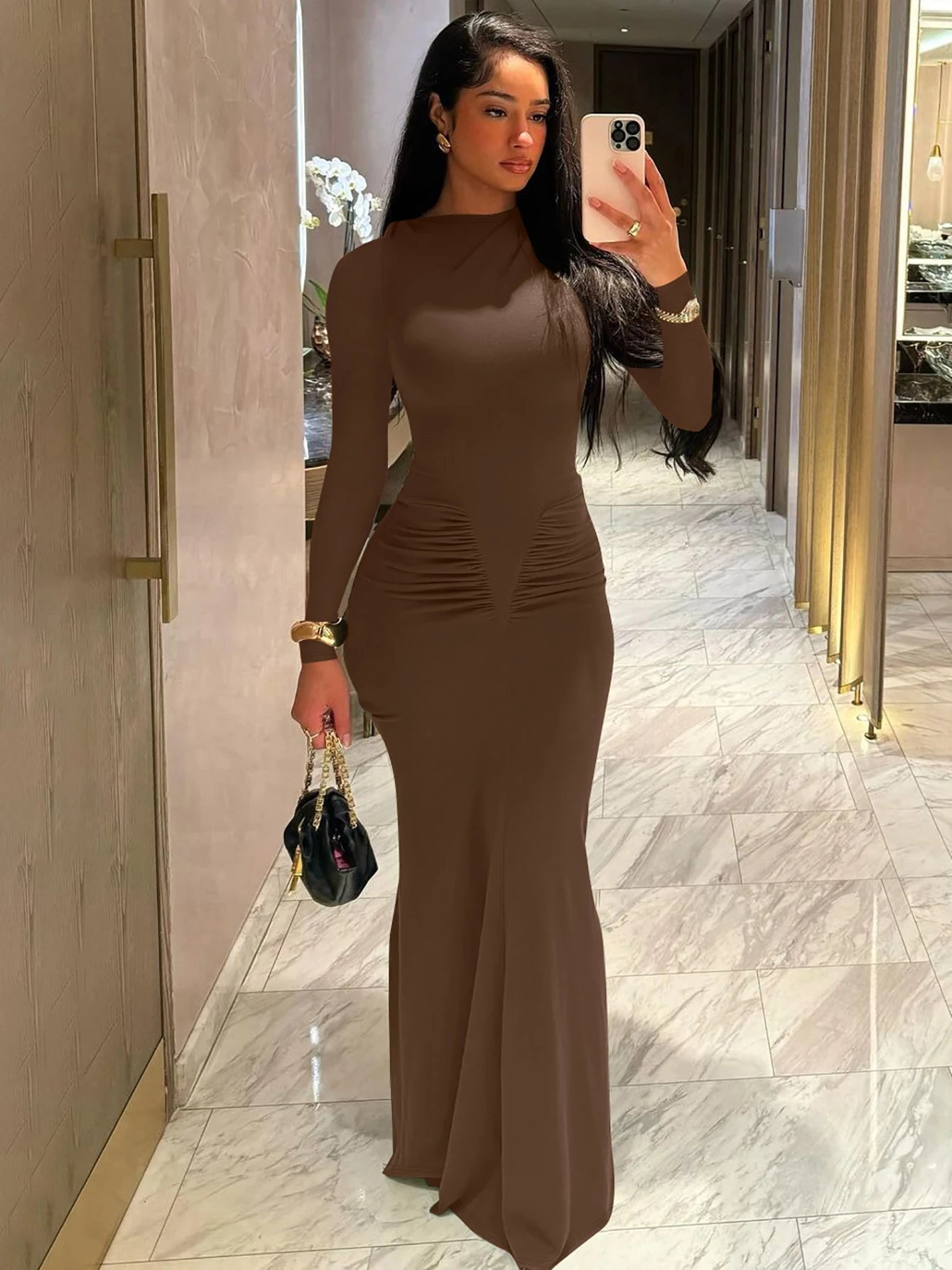 Hugcitar Autumn Solid Long Sleeve Draped Sexy Bodycon Maxi Prom Dress Women Fashion Y2K Outfits Evening Party Festival Club GlowCart