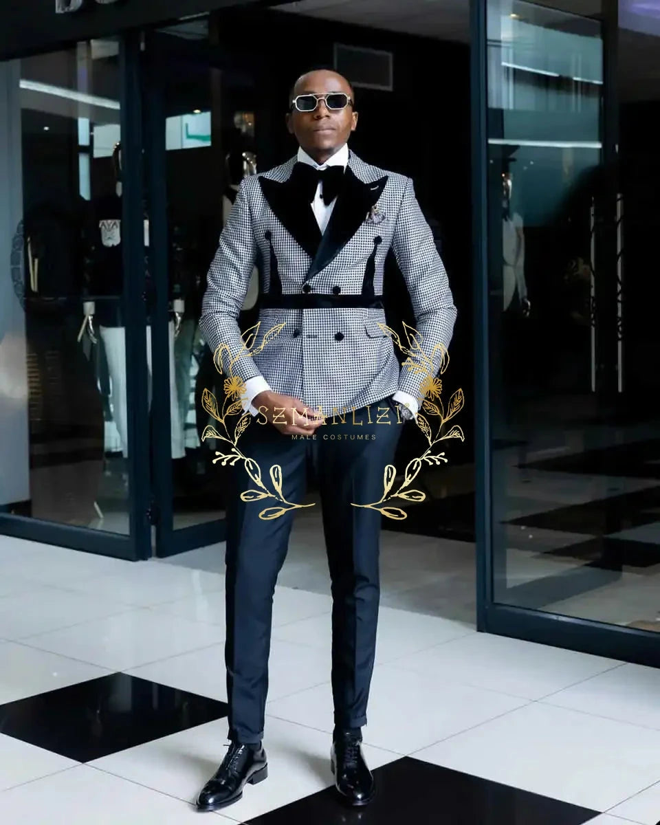 Latest Design Men's Suit Houndstooth Jacket Black Pants 2 GlowCart
