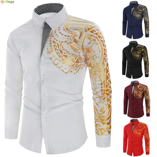 Men's White Long-sleeved Shirt with Gold Print Decoration, GlowCart