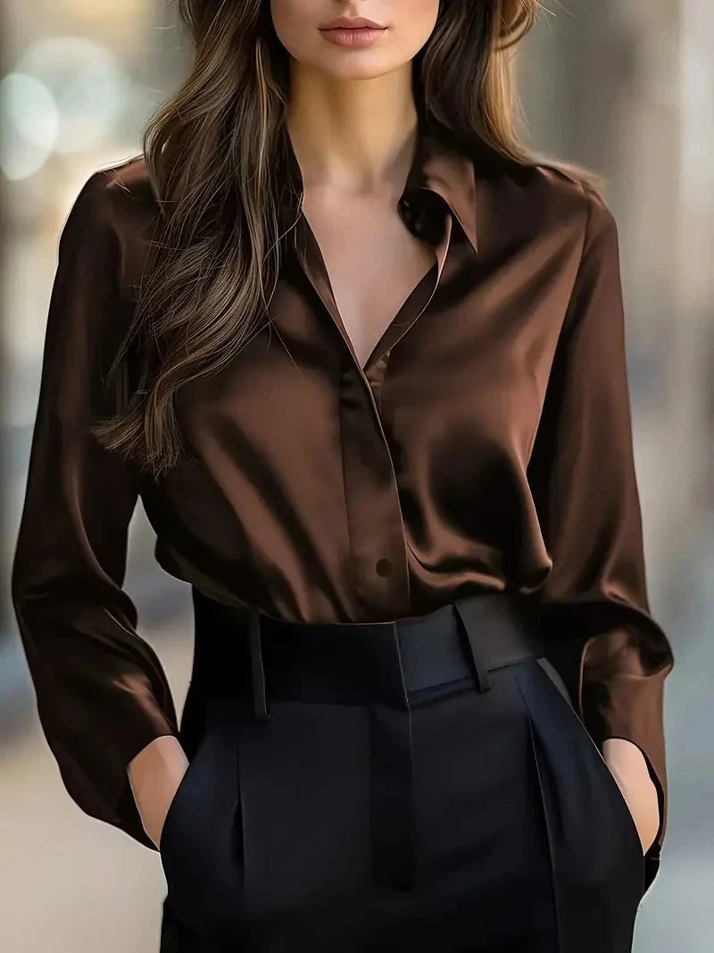 Elegant Black Satin Long Sleeve Blouse for Women  Button-Up GlowCart