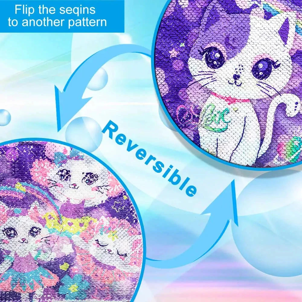 3PCS Rolling Backpack for Girls Kids Roller Wheels Bookbag with Lunch Bag Purple Cat Pattern Design Glow-in-the-Dark Function GlowCart