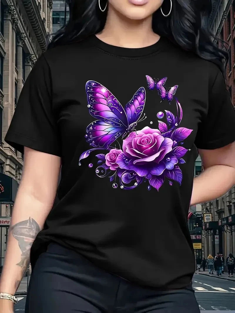 Women's Rose Butterfly Print Fashion Casual T-Shirt Short GlowCart