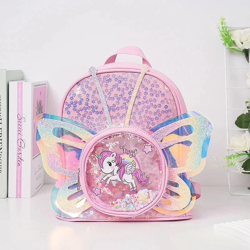 Toddlers Backpack Cartoon Unicorn Schoolbag Sequin Transparent Butterfly Wings Bookbag for Girl Kids Waterproof School Bag 2024 GlowCart