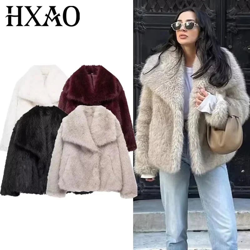 HXAO 2024 Woman Autumn Winter Faux Fur Coat Plush Fluffy GlowCart