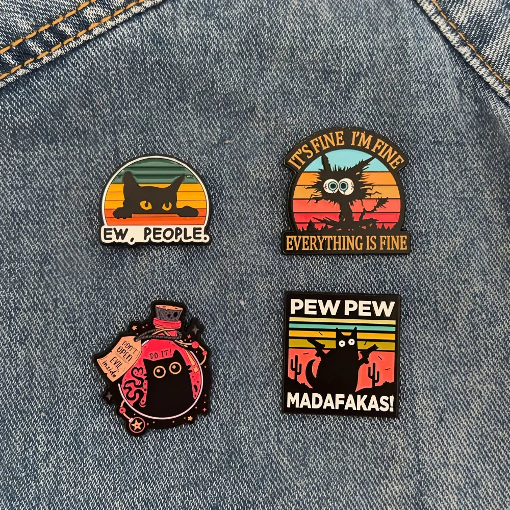 Ew,People Funny Black Cat Enamel Pin Brooches For Women GlowCart