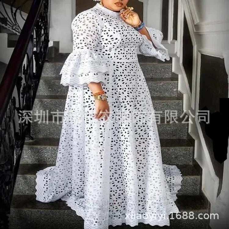 White Dress Women Flare Sleeve O Neck Party Long Maxi GlowCart