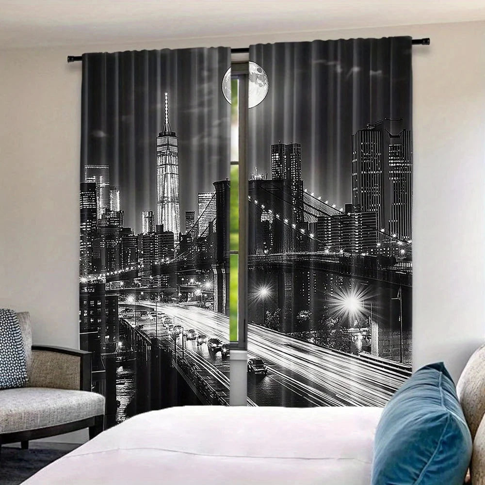 2PC New York Skyline Blackout Curtains - Woven Polyester GlowCart
