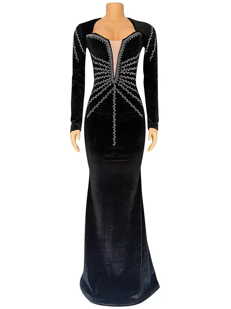2025 Elegant Diamonds Velvet Long Party Dress for Women Sexy GlowCart