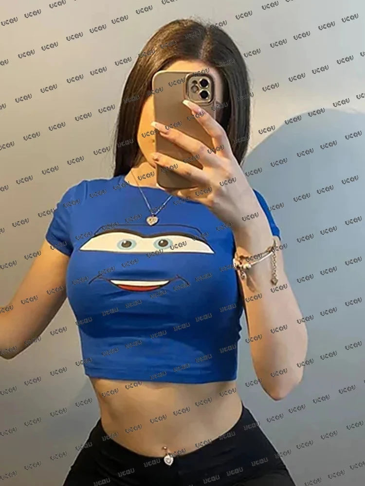 2025 Summer New Lightning Mcqueen Print T-shirt For Women GlowCart