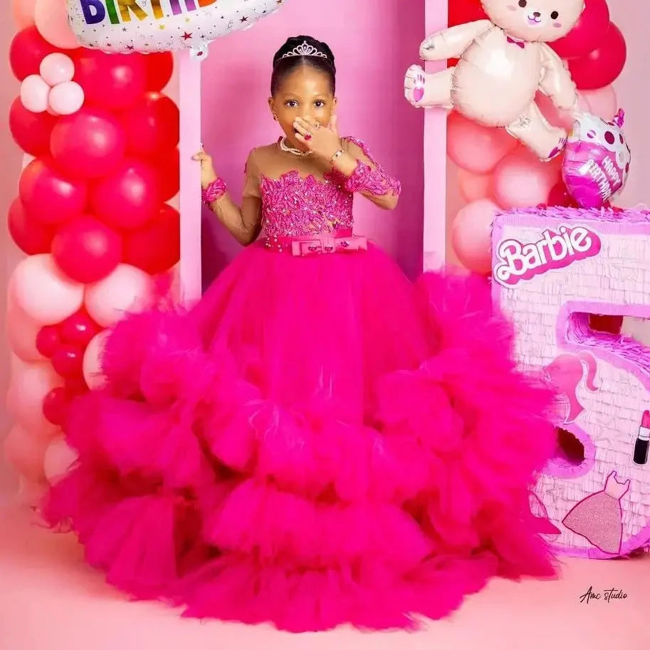 Fuchsia Princess Girls Birthday Party Dress Tiered Ruffles GlowCart