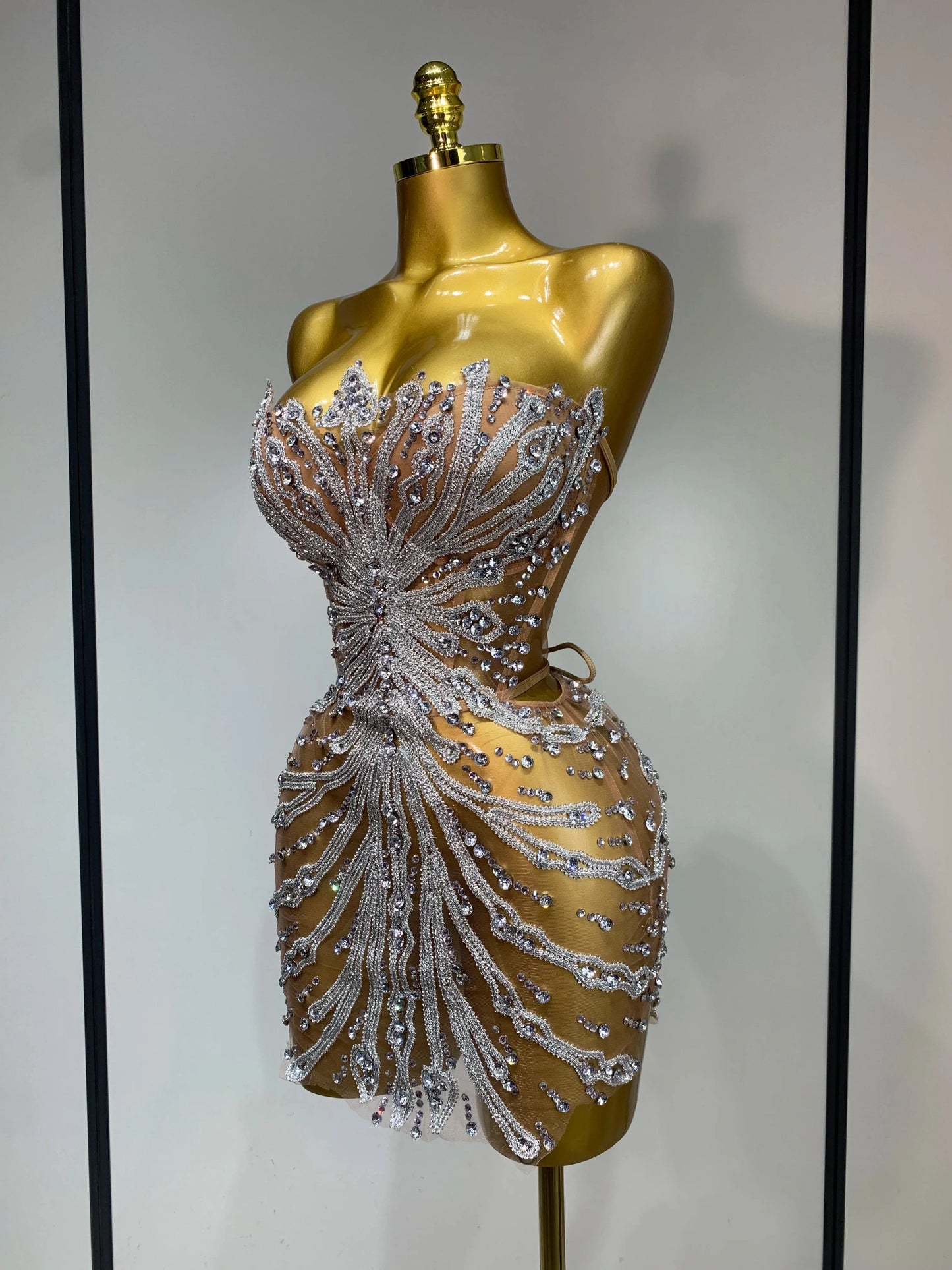 Women Sexy Strapless Rhinestones  Mini Dress Performance GlowCart