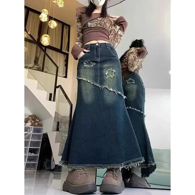 High Waist American Retro Torn Denim Skirt Women's Mid-Length A- Line Fish Tail Skirt Autumn Season Fashion Sensation GlowCart