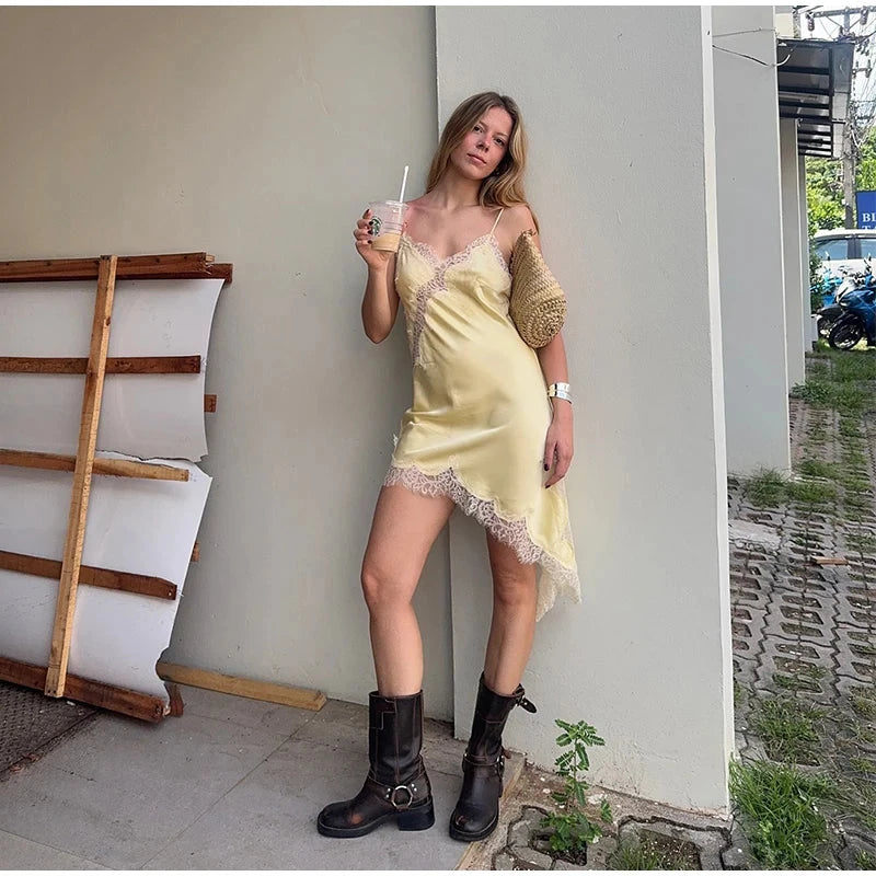 Sexy Lace Patchwork Sling Dress Women Satin Off-shoulder GlowCart