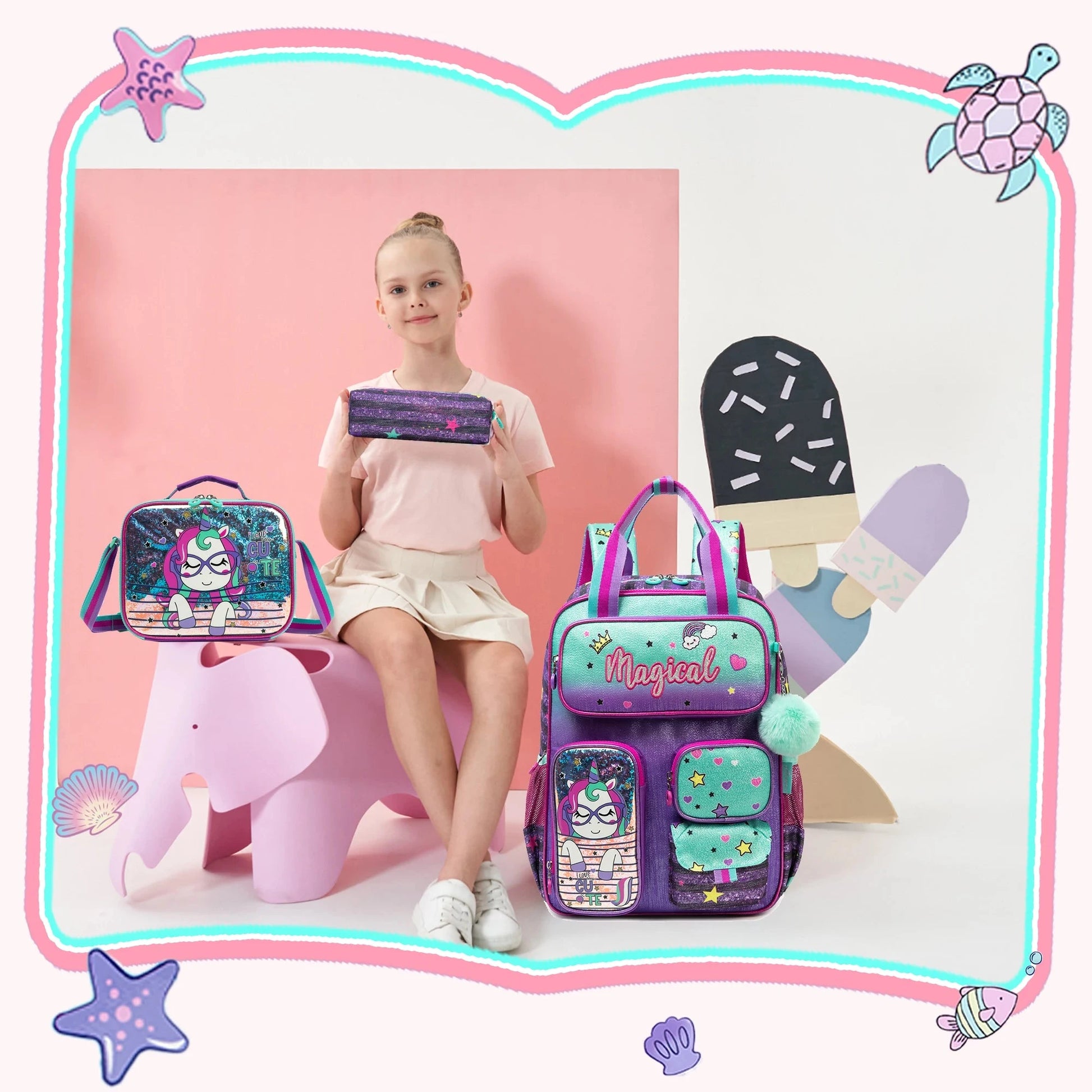 School Bags for girls Backpacks for Kids with Lunch Bag and Pencil CasesCute Backpacks for Kindergarten and Elementary School GlowCart