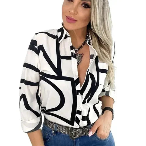 Women Geometric Print Shirt, Spring and Autumn Fashion GlowCart
