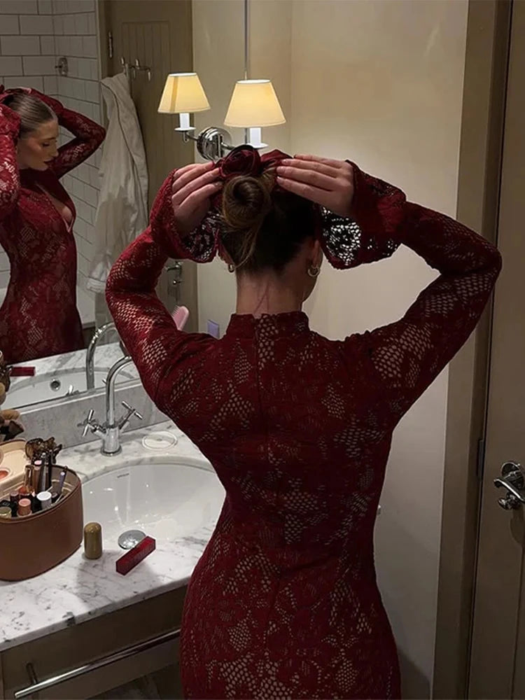 Fashion Lace Floral Midi Dress For Women Sexy Hollow Out GlowCart