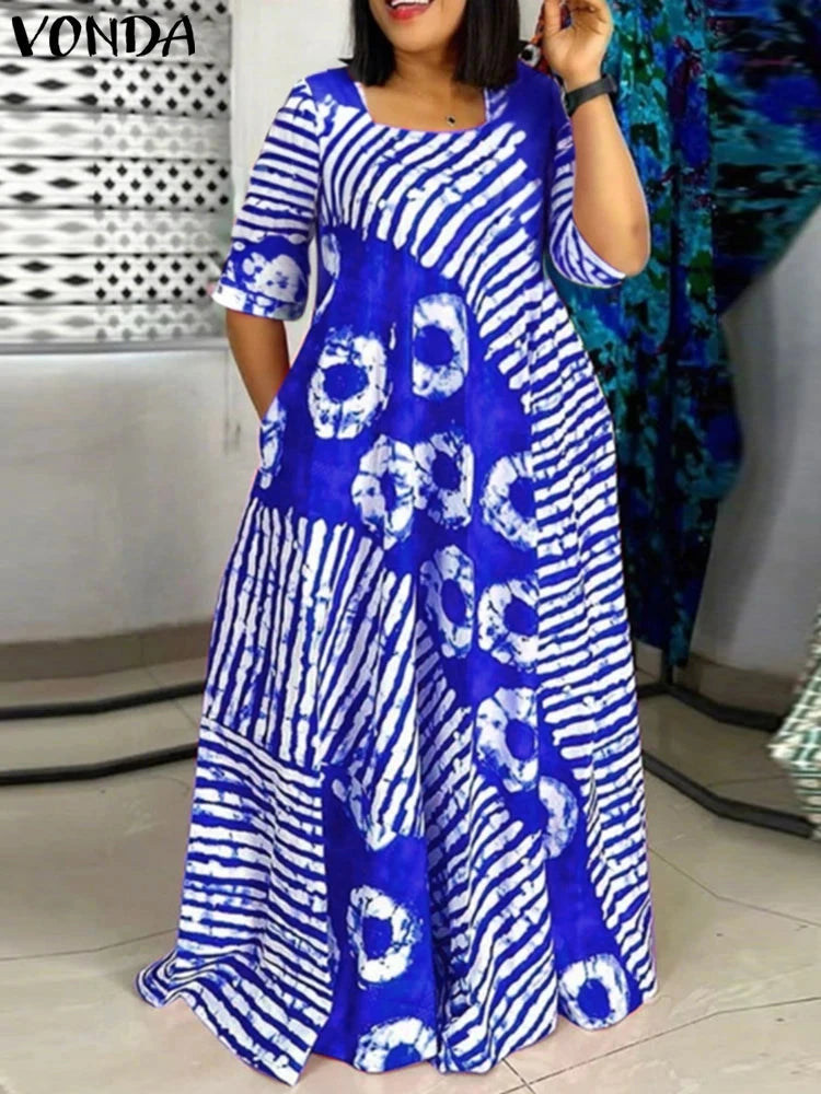 Plus Size Women Bohemian Maxi Dress 2025 Summer Printed Long GlowCart